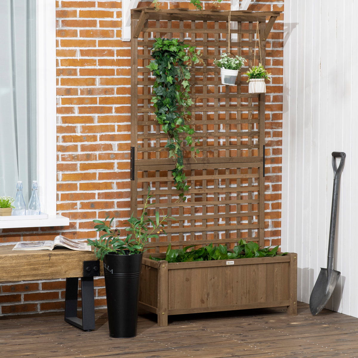 Outsunny Wooden Raised Garden Bed with Trellis and Drain Holes