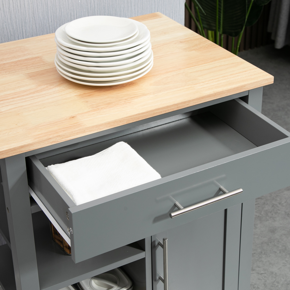 HOMCOM Grey Kitchen Trolley Cart with Wooden Worktop, Drawer, Cupboard, Shelves and Wheels