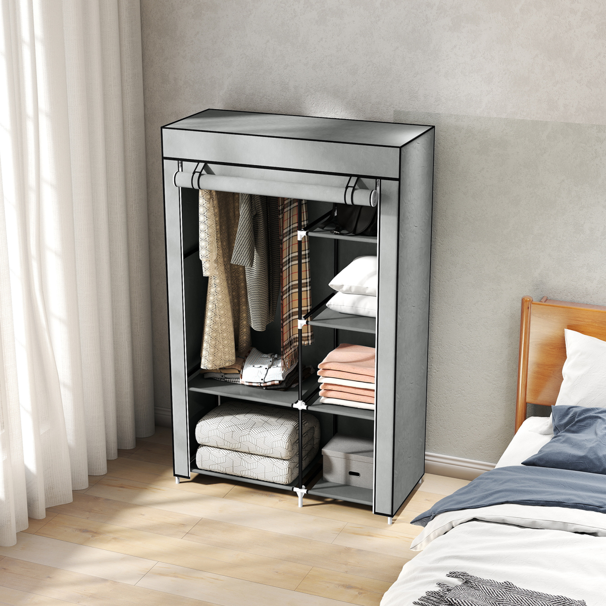 Portable Fabric Wardrobe with 6 Shelves, Hanging Rail, Light Grey