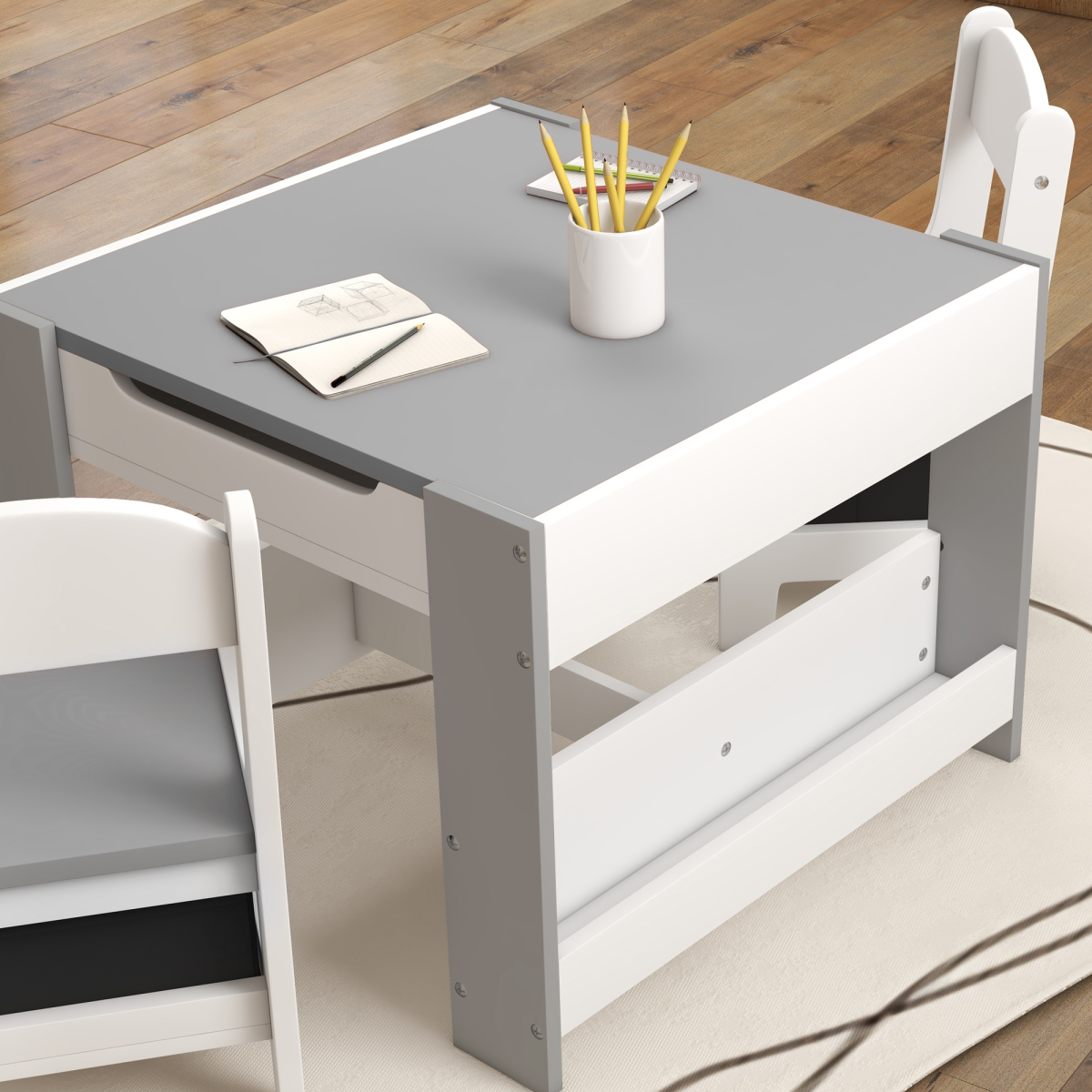 HOMCOM 3-Piece Kids Table and 2 Chairs Set with Storage, Grey