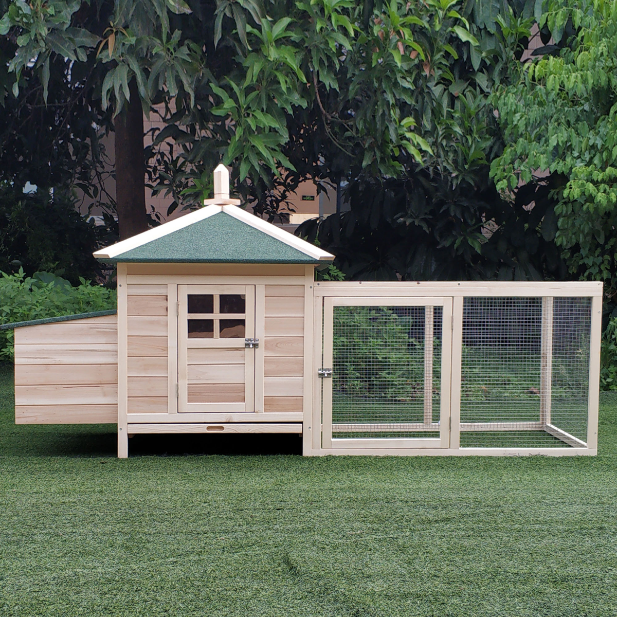 PawHut Wooden Chicken Coop with Nesting Box and Outdoor Run, Weather-Resistant Roof, Slide-Out Tray