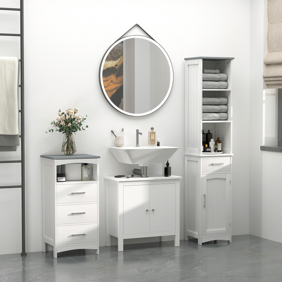 kleankin Tall Slim Freestanding Bathroom Storage Cabinet with 3 Shelves, Drawer and Cupboard, White