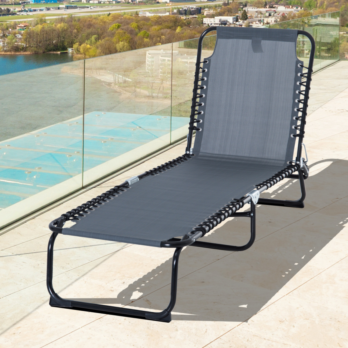 Foldable Outdoor Sun Lounger Chair with 4-Level Adjustable Backrest, Steel Frame, Texteline Seat, Outsunny