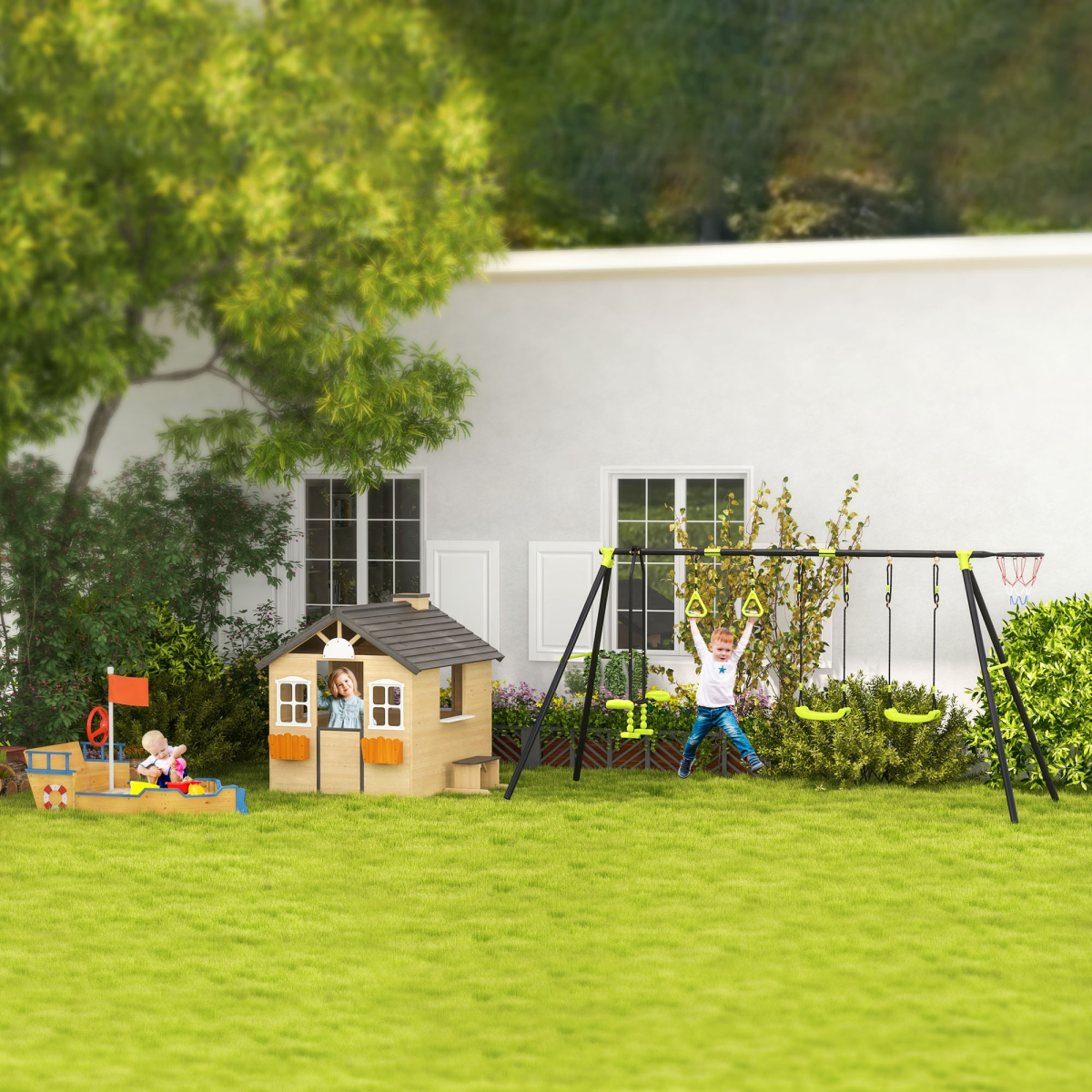 Outsunny Wooden Kids Outdoor Playhouse with Door, 2 Windows, Bench, Windowsill and Flowerpot Holders, Ages 3-7 Years