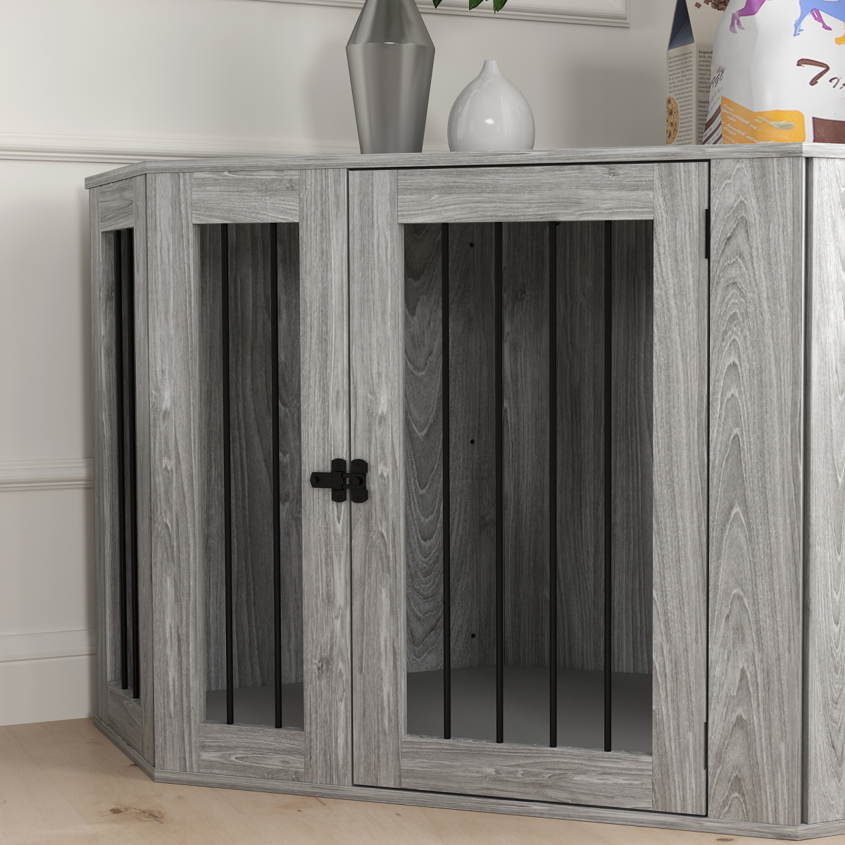 PawHut Dog Crate Furniture Side Table with Cushion - Grey