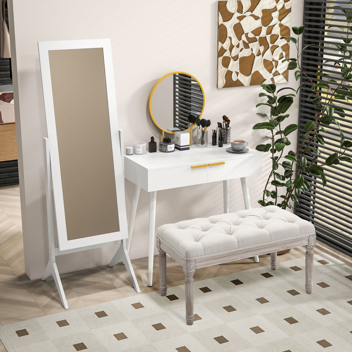 Tufted Upholstered Accent Bench with Linen-Touch Fabric, Beige