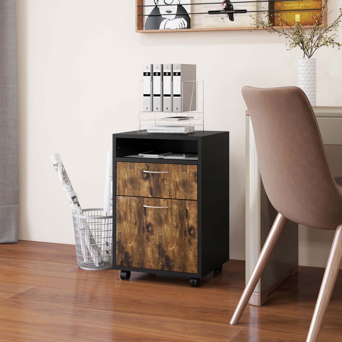 HOMCOM 60cm Storage Cabinet on Wheels with Drawer and Open Shelf, Rustic Brown