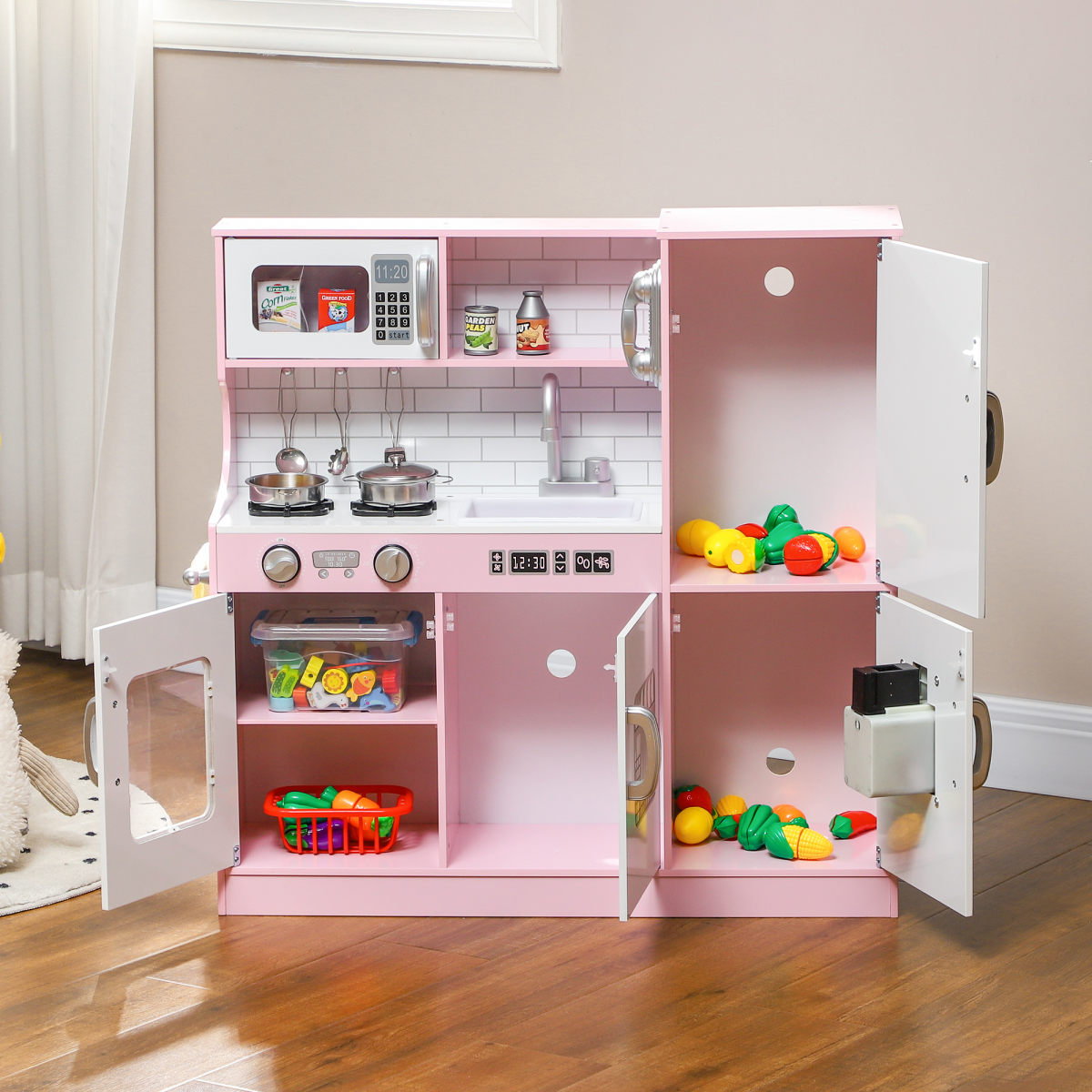 AIYAPLAY Kids Play Kitchen Set with Phone, Chalkboard, Sink & Ice Maker