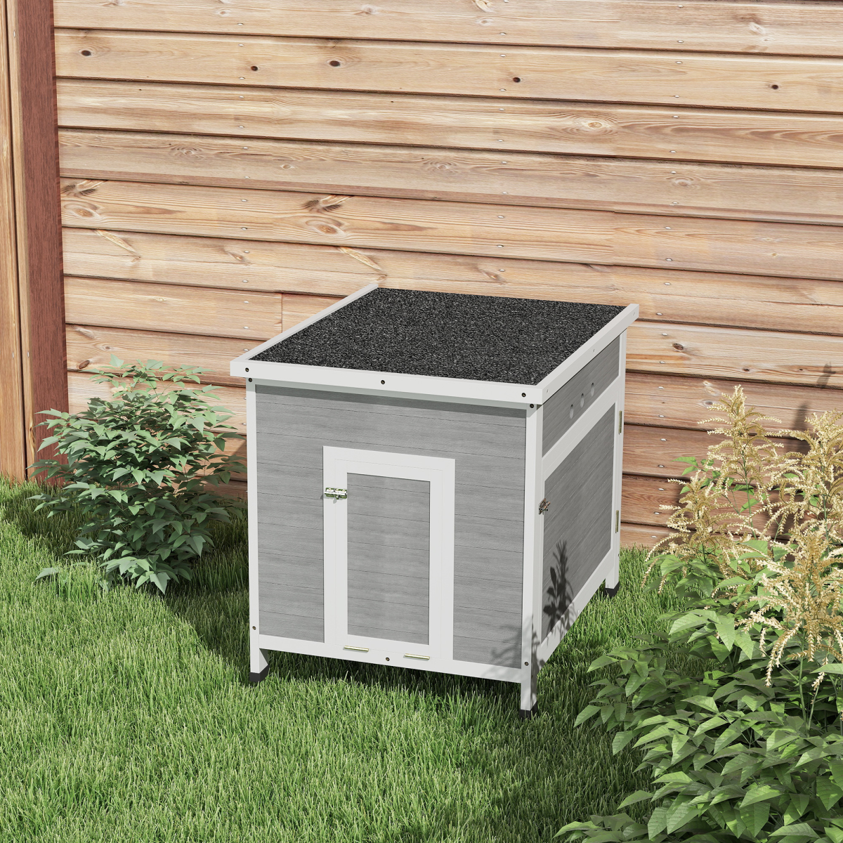 PawHut Wooden Duck House Coop with Double Doors, Openable Roof, Grey
