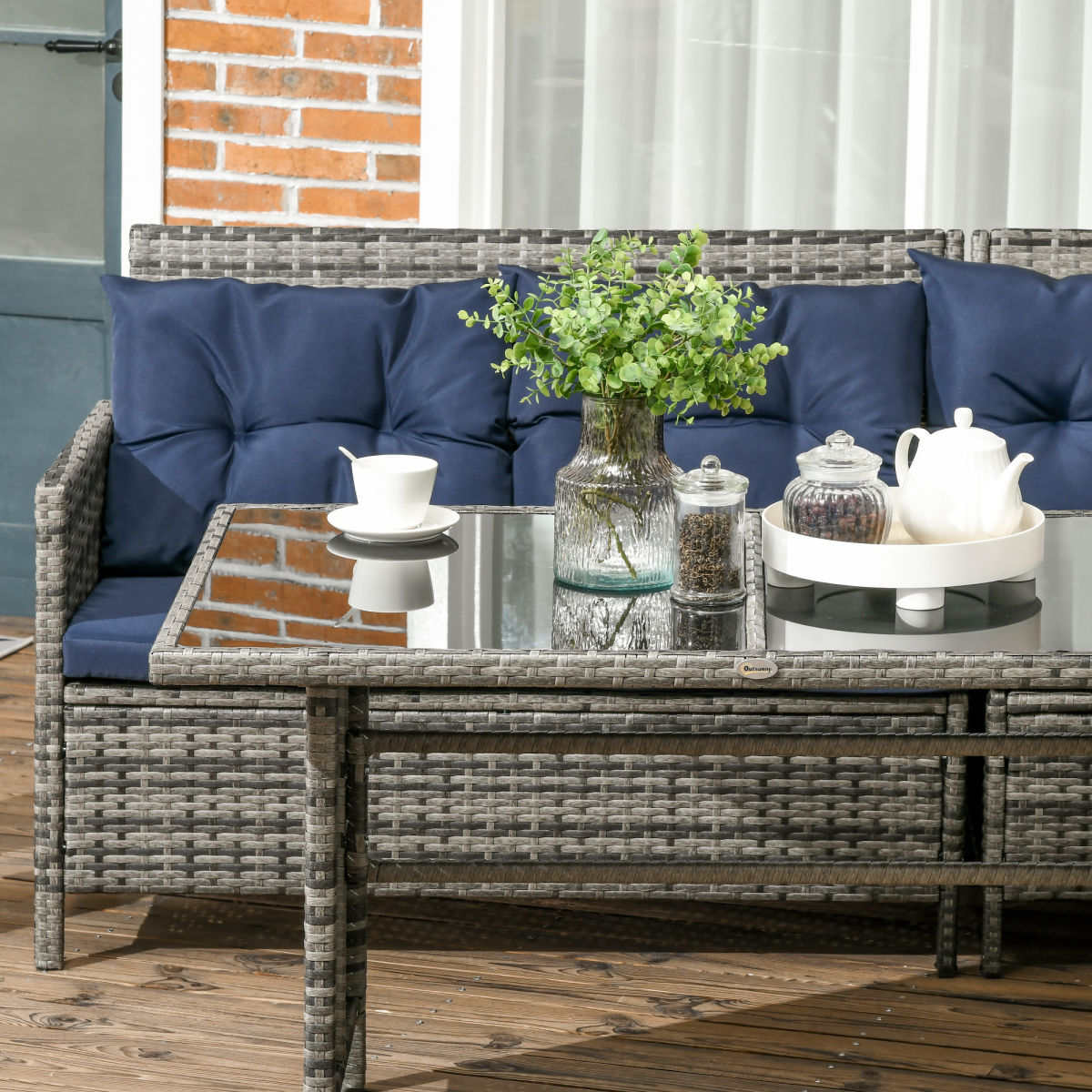 Outsunny 6 Piece Patio Wicker Rattan Sofa Set with Cushions, Dark Blue