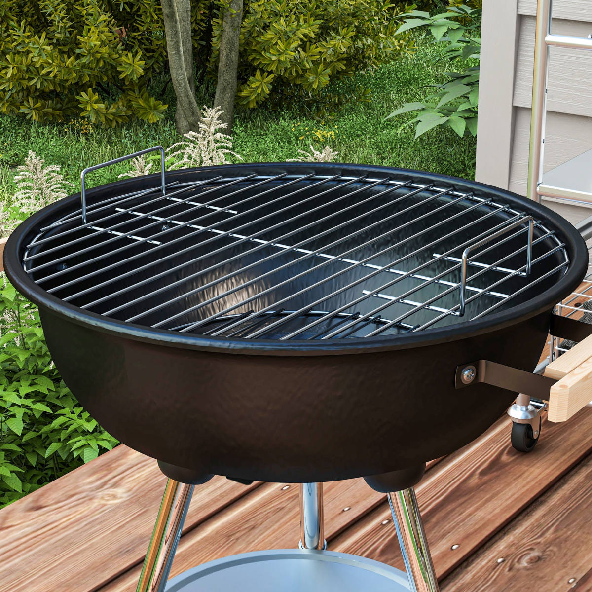 Outsunny Steel BBQ Grill with Porcelain Enamel Lid, One-Touch Cleaning System, Wheels and Bottom Shelf, 85H cm