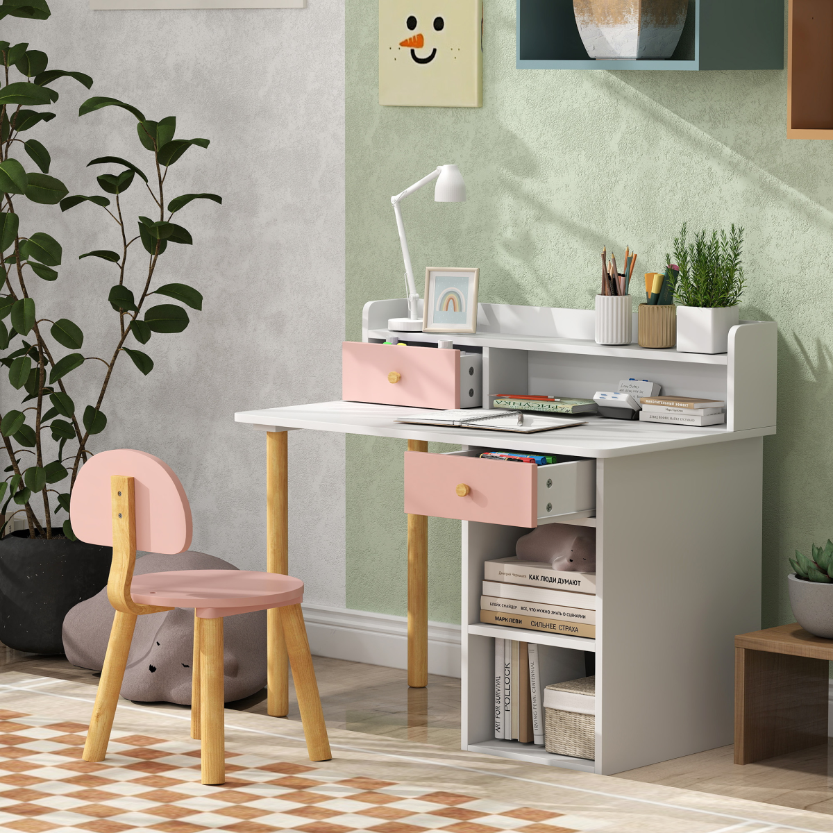 AIYAPLAY Kids Desk and Chair Set with Storage for Ages 3-8, Pink