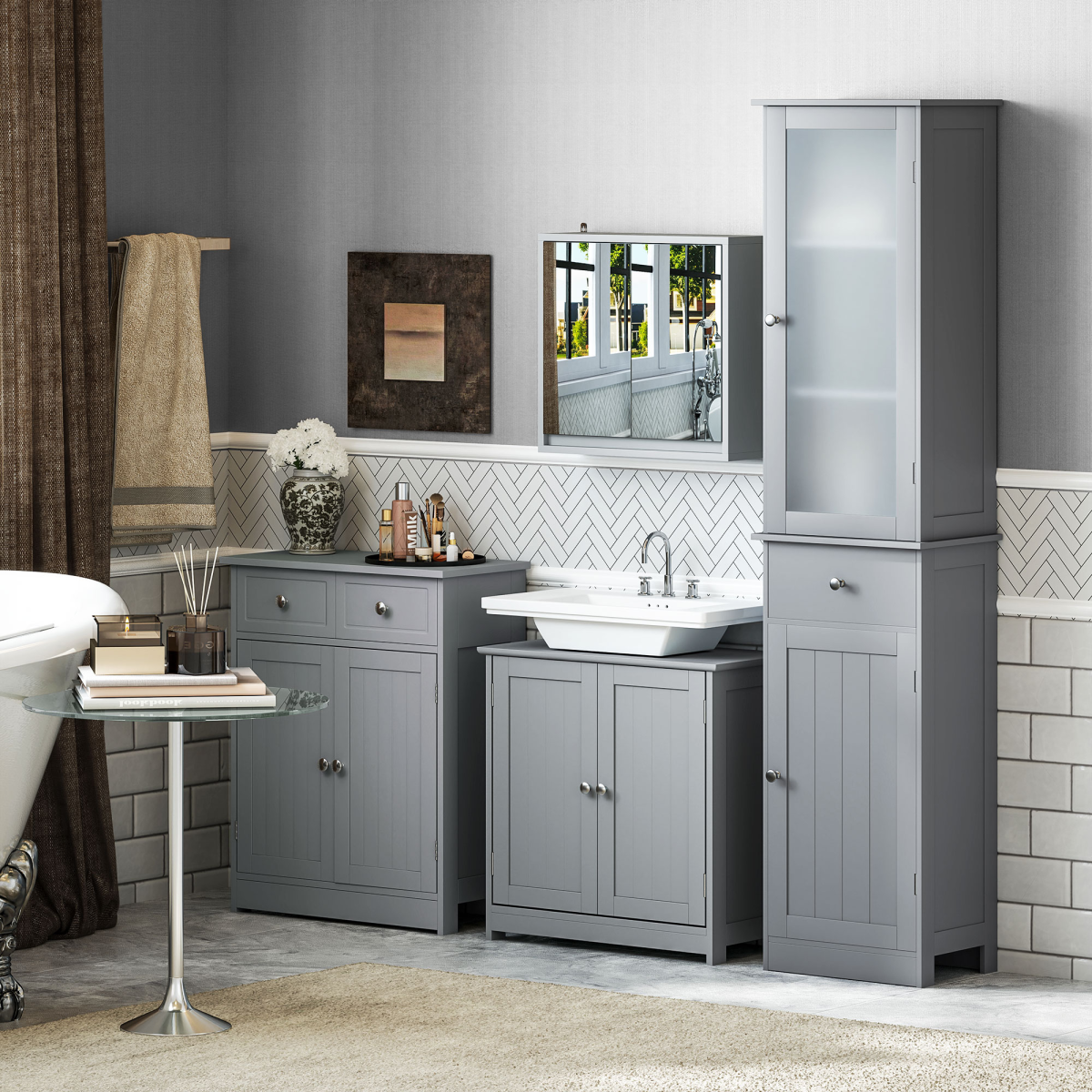kleankin Bathroom Floor Storage Cabinet with 2 Drawers, Cupboard and Adjustable Shelf, Grey