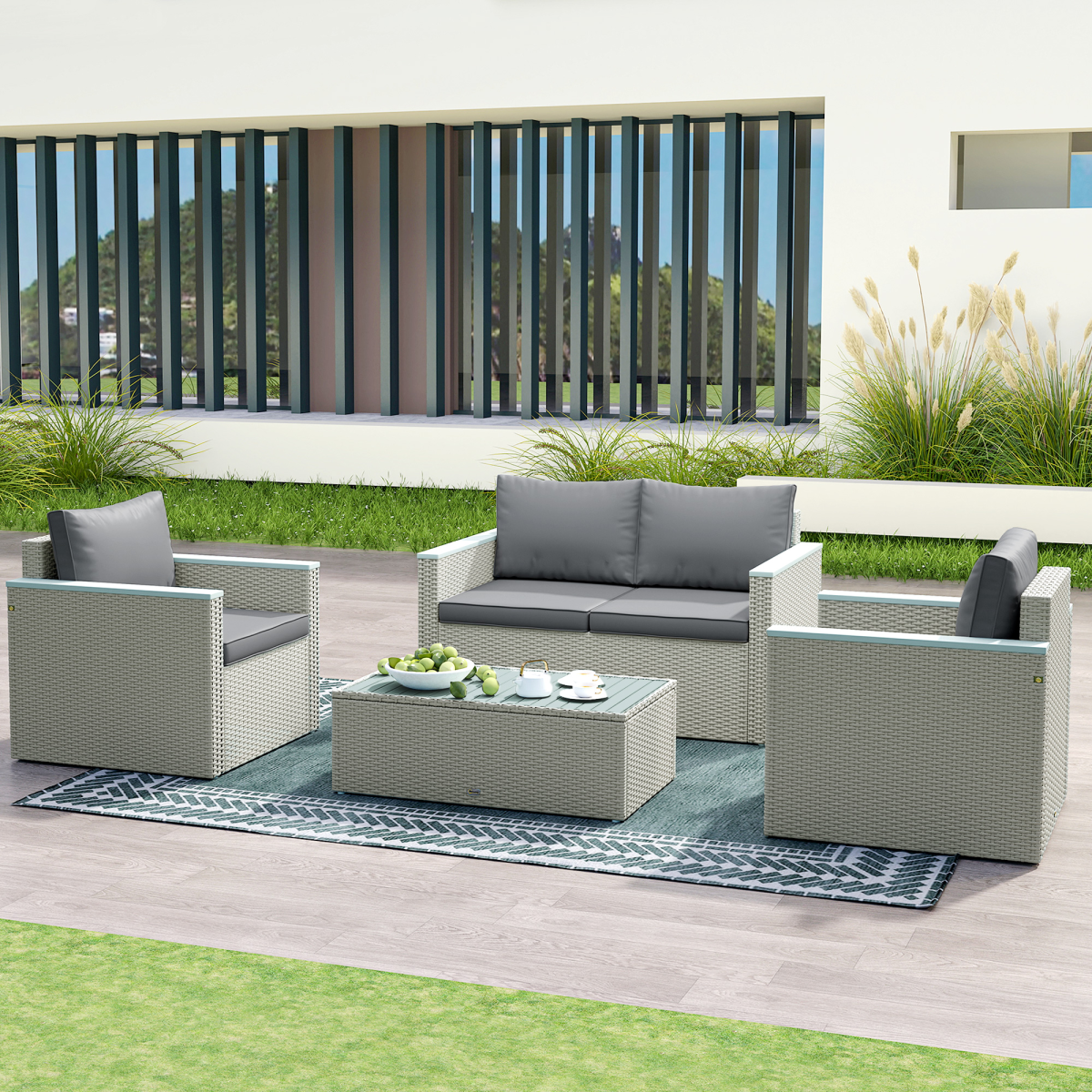 Outsunny 4-Piece Rattan Patio Furniture Set with Cushions, Light Grey