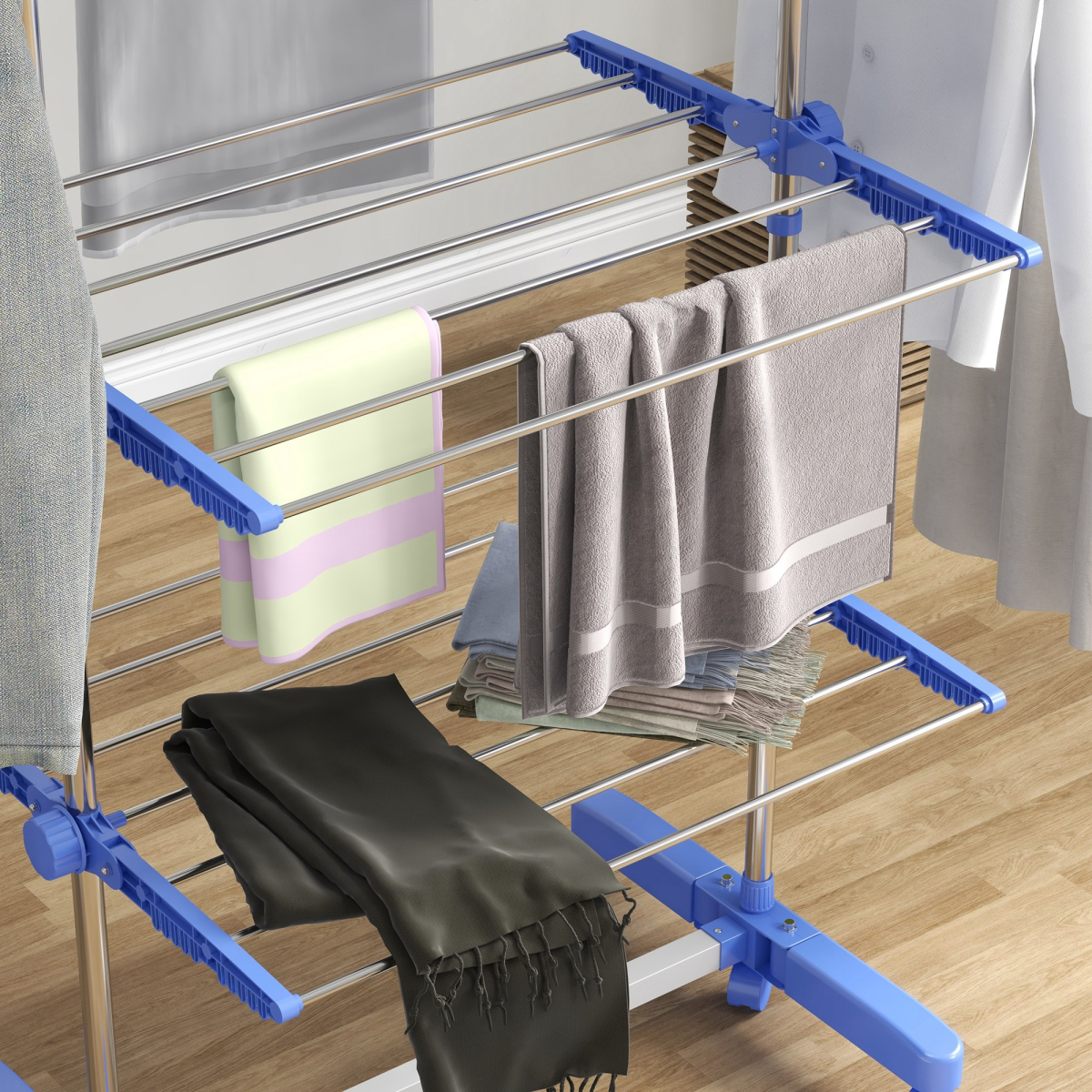 HOMCOM 4-Tier Foldable Stainless Steel Clothes Drying Rack, Blue