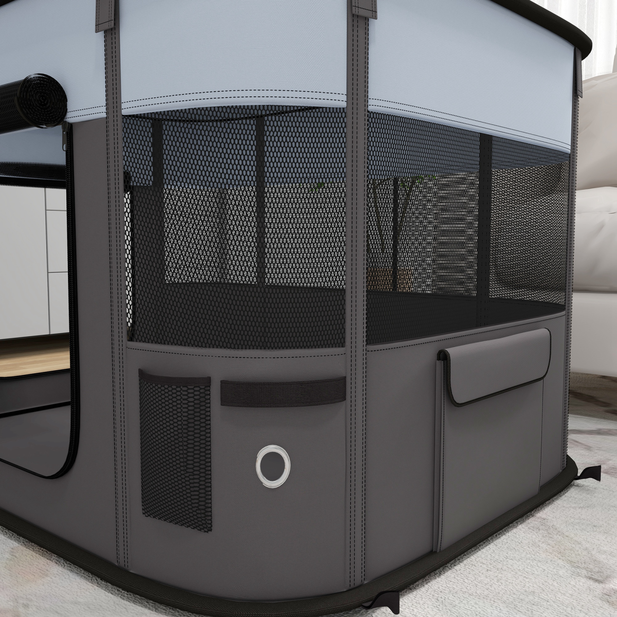 PawHut Foldable Portable Pet Pen with Mesh Windows, Grey