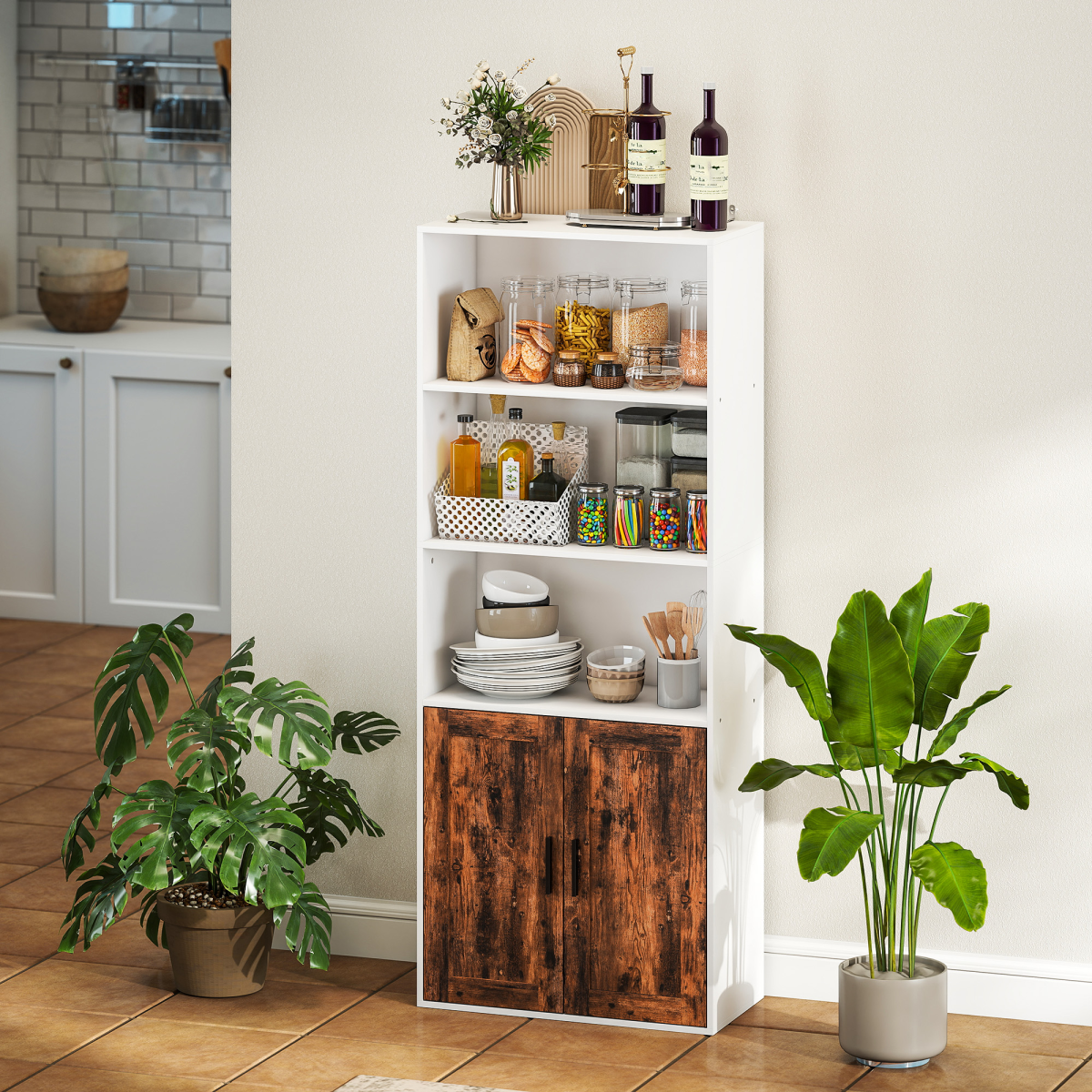 HOMCOM Tall 5-Tier Bookcase with Adjustable Shelf & Cupboard, Rustic Brown