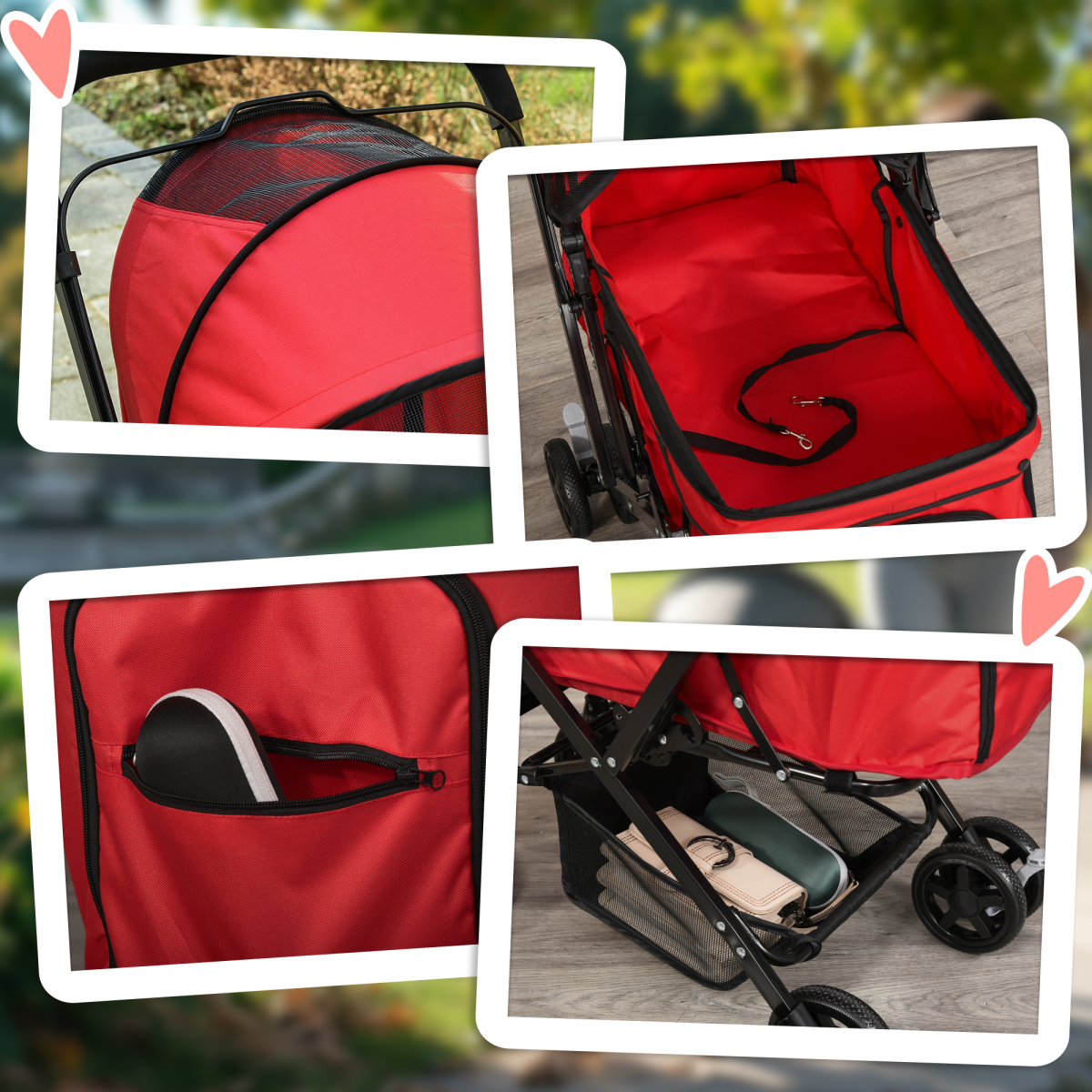 Foldable Pet Stroller for Small Dogs and Cats with Reversible Handle, Brake Wheels, Storage Basket