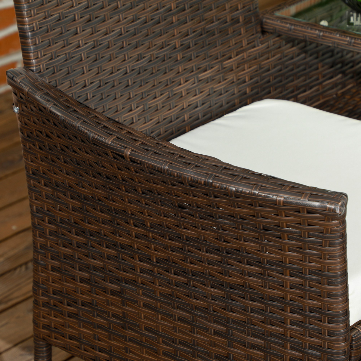 Outsunny 2 Seat Rattan Garden Bench with Middle Table, Tempered Glass Top and Padded Cushions