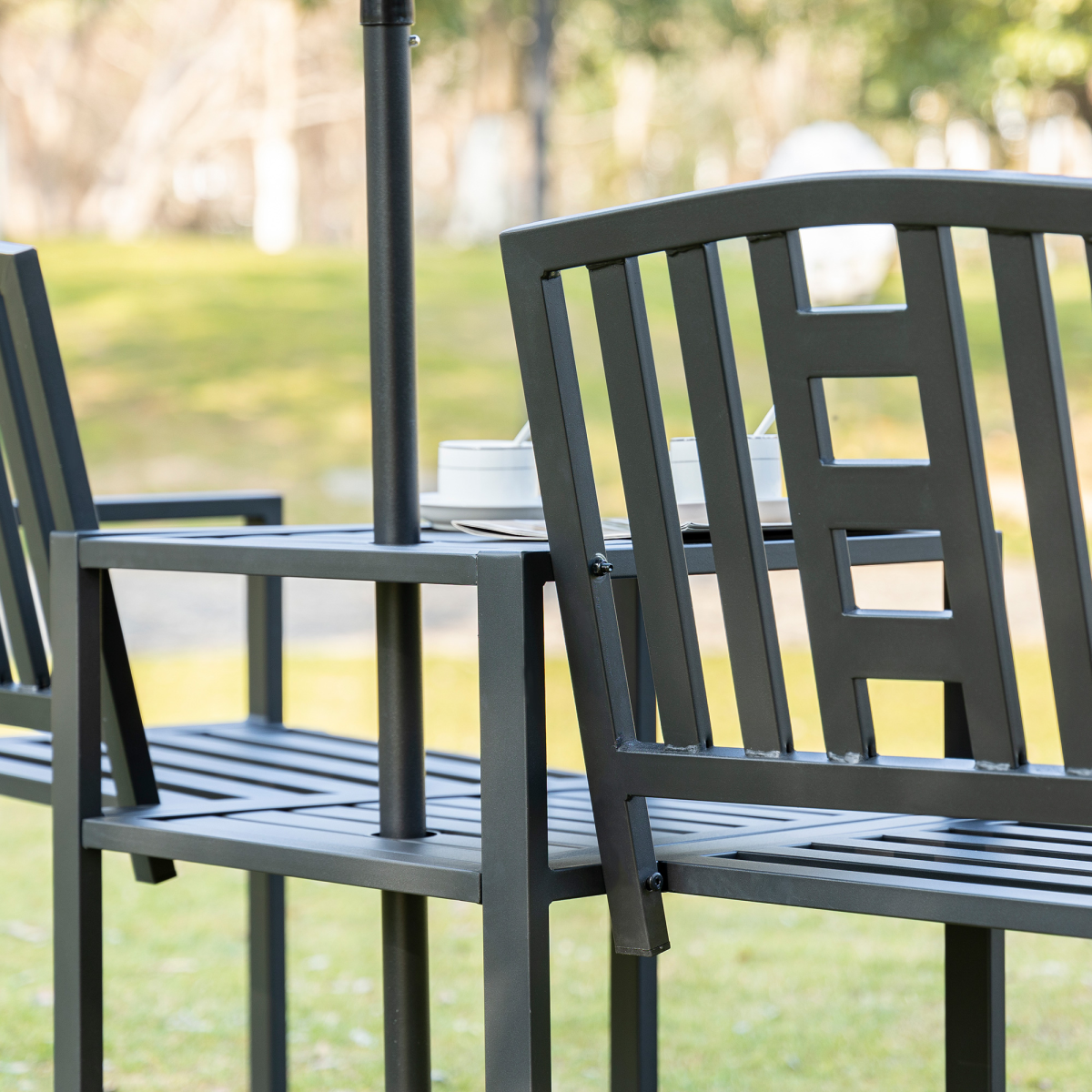 2-Seater Garden Bench with Middle Table, Slatted Patio Loveseat