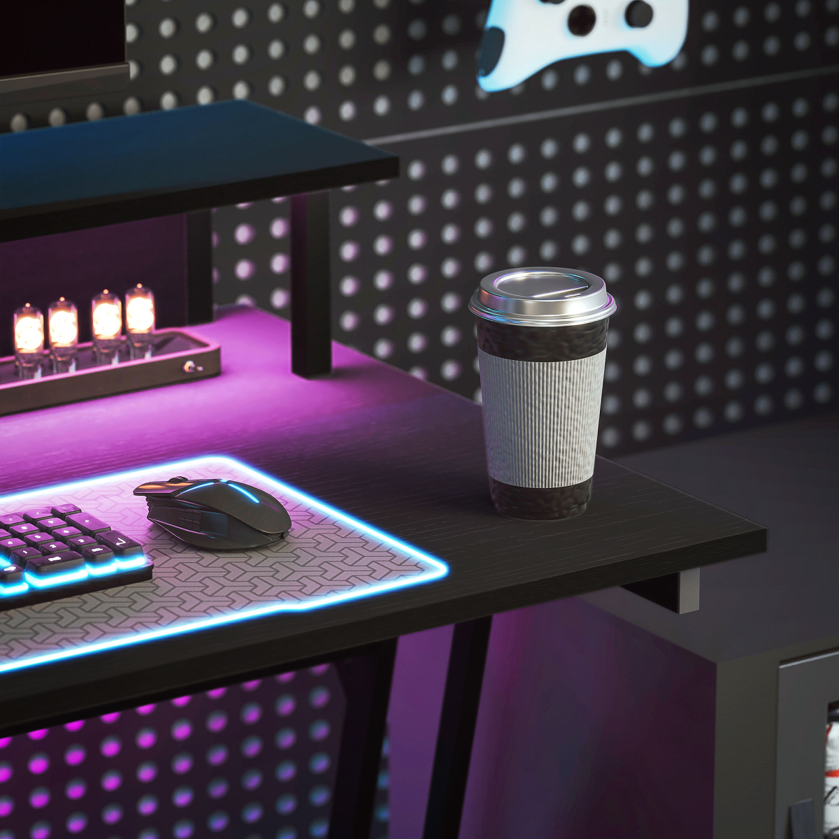 HOMCOM RGB LED Gaming Desk with Power Outlets & Monitor Stand, Black