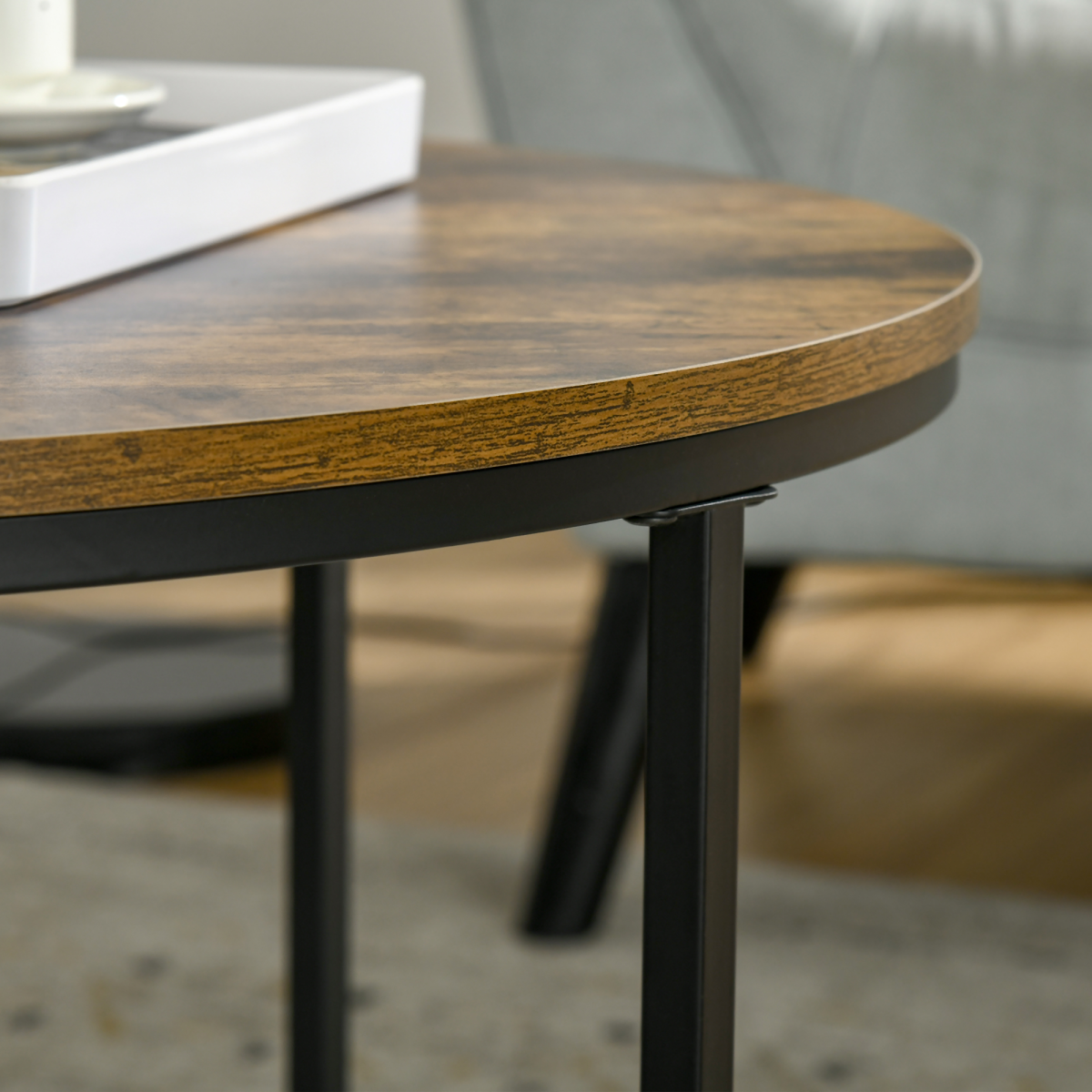HOMCOM Industrial Round Side Table with Large Tabletop, Metal Frame and X-Shaped Base, Rustic Brown