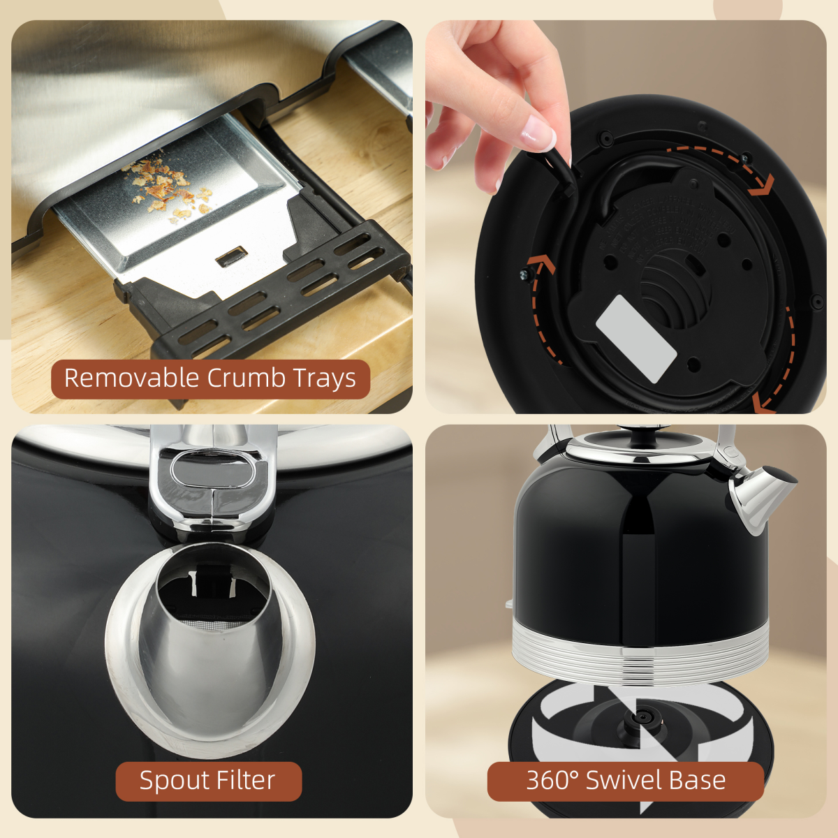 HOMCOM 1.7L 3000W Electric Kettle and 4-Slice Toaster Set, Black/Silver