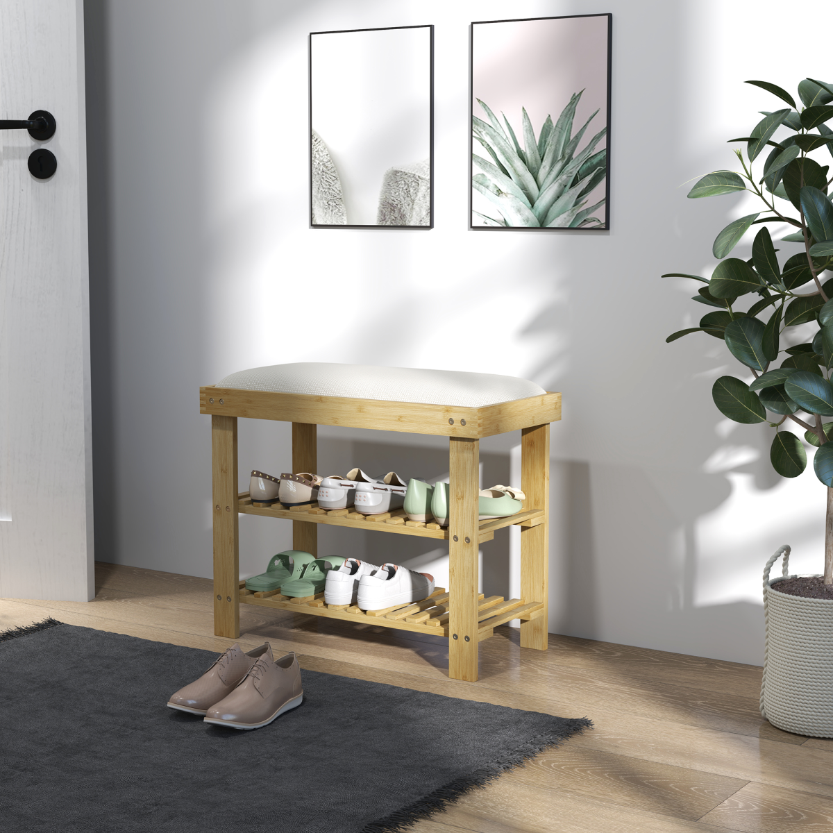 HOMCOM Bamboo 2-Tier Shoe Storage Bench with Cushion, Cream White