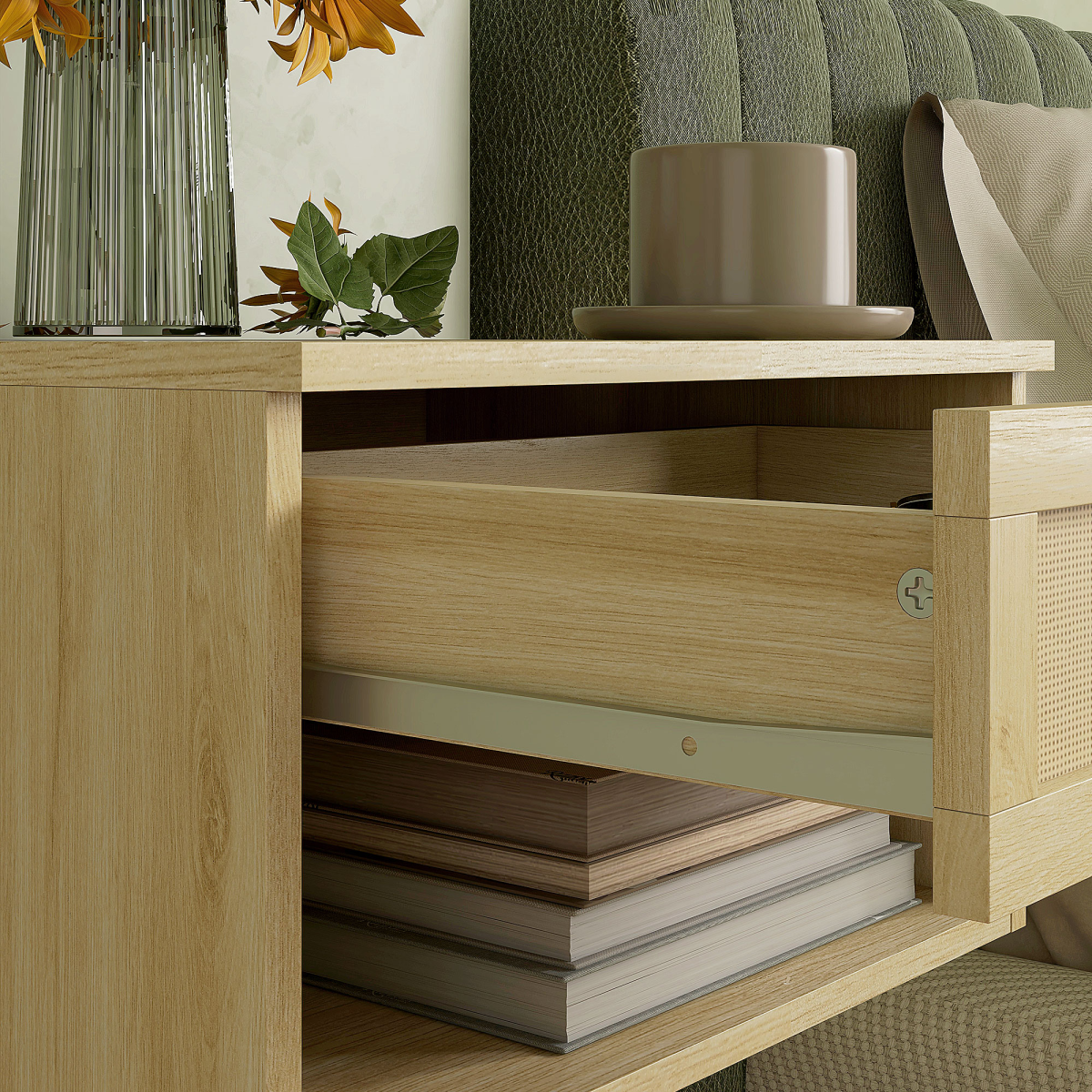 HOMCOM Set of 2 Floating Bedside Tables with Rattan Drawer & Shelf