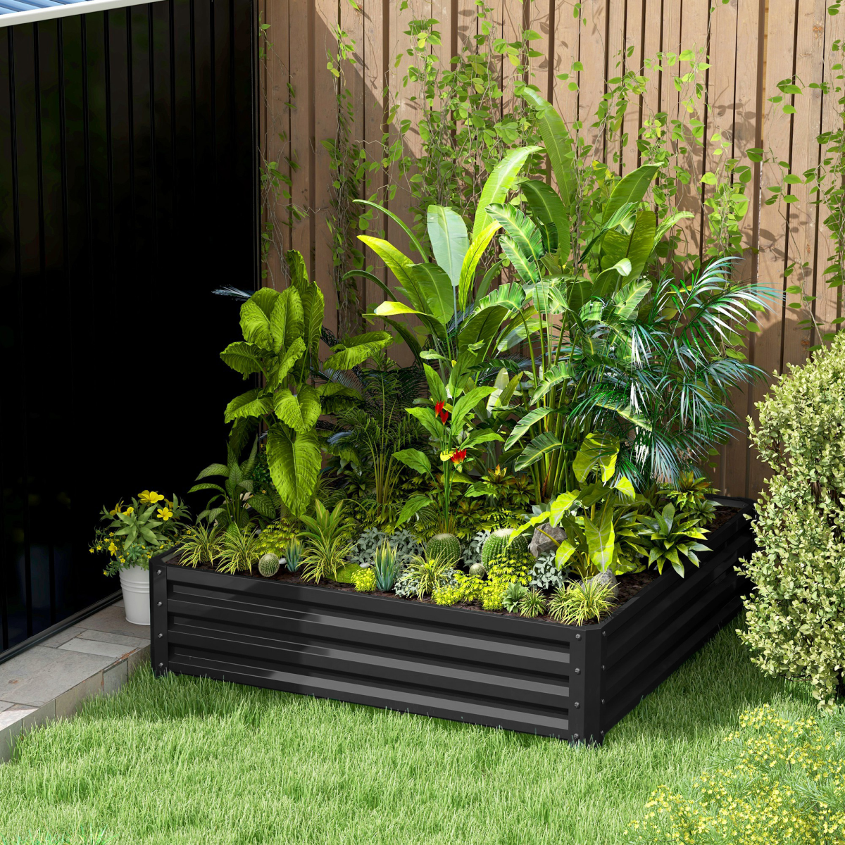 Outsunny Raised Garden Bed Frame, Galvanised Steel Outdoor Planter Kit, Grey, 120 x 120 x 30 cm
