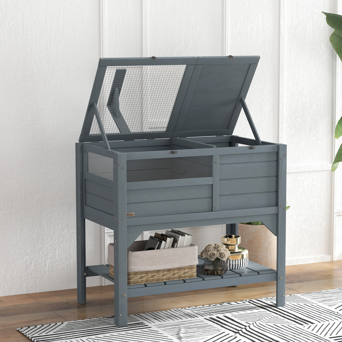 PawHut Wooden Tortoise House with Run, Hide Box, Shelf and Lamp Holder, Grey
