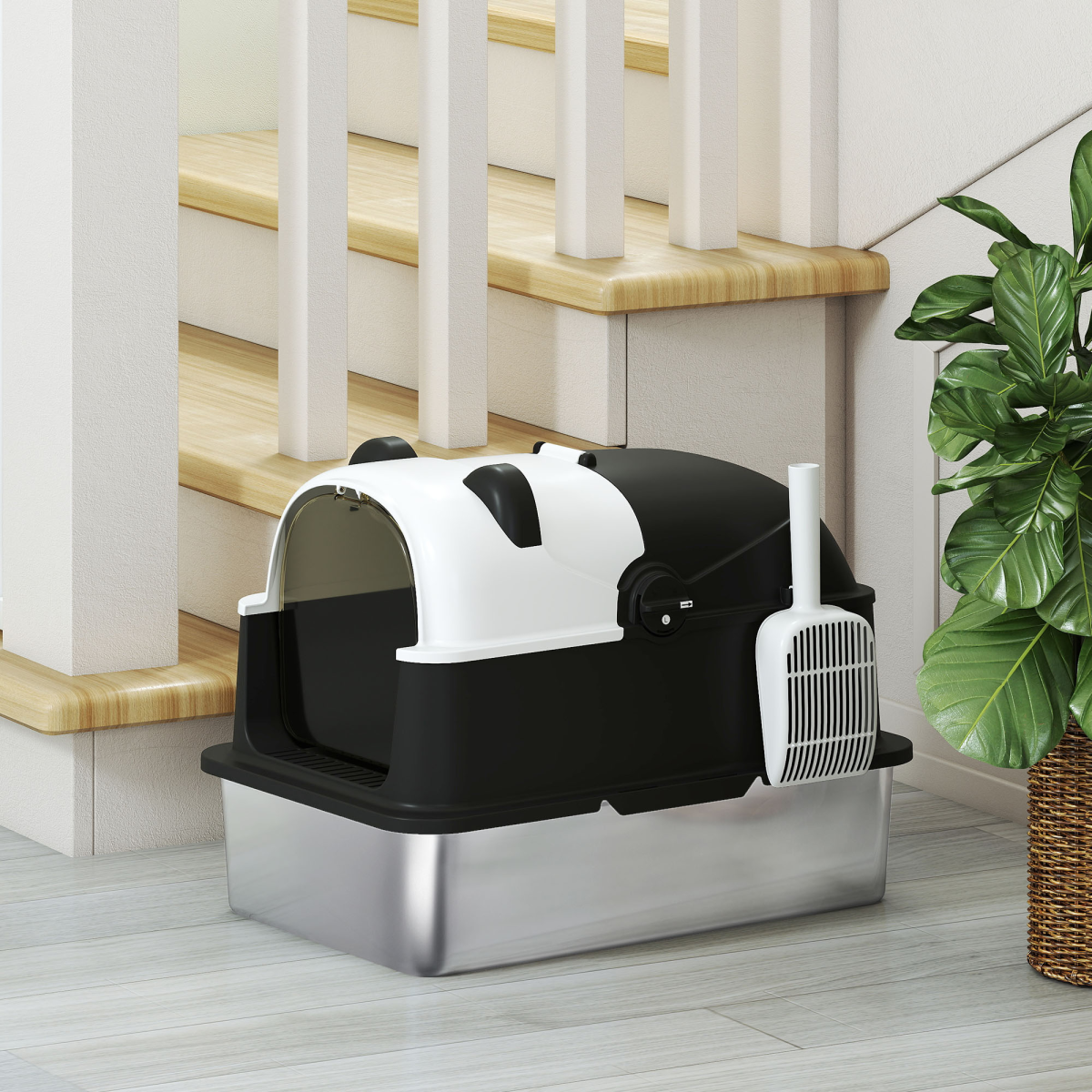 PawHut XL Stainless Steel Enclosed Cat Litter Box with Lid, Panda Style