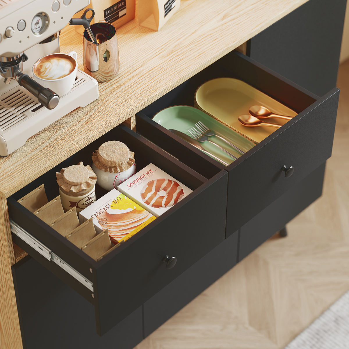 HOMCOM Tall Kitchen Cupboard with USB RGB LED Lights, Oak and Black