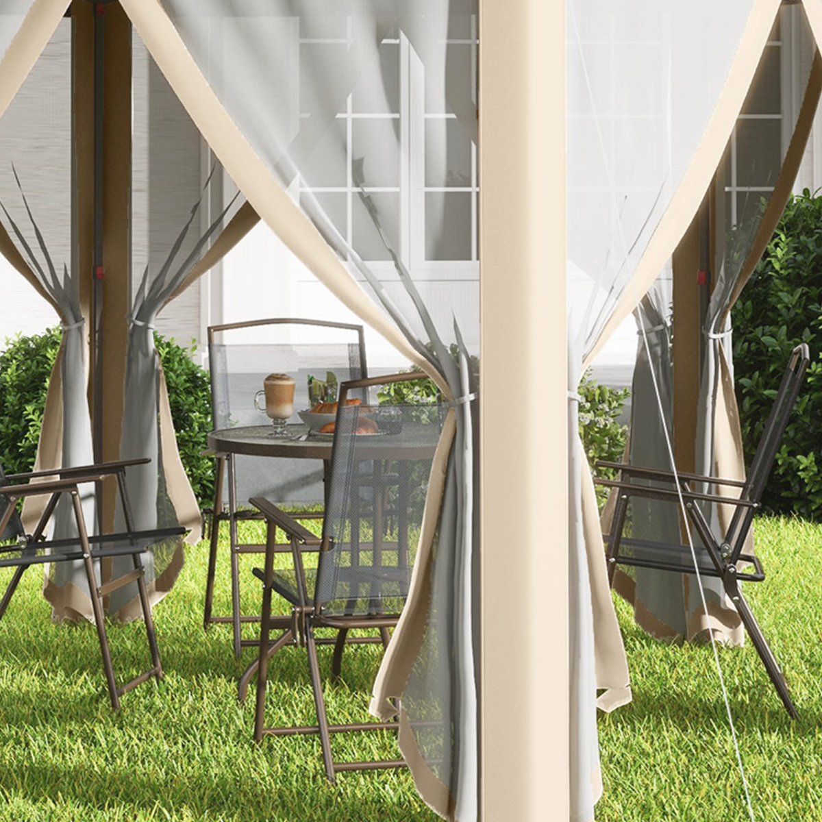 Outsunny 3x4m Hexagon Pop Up Gazebo with Metal Frame and Mesh Curtains, Khaki