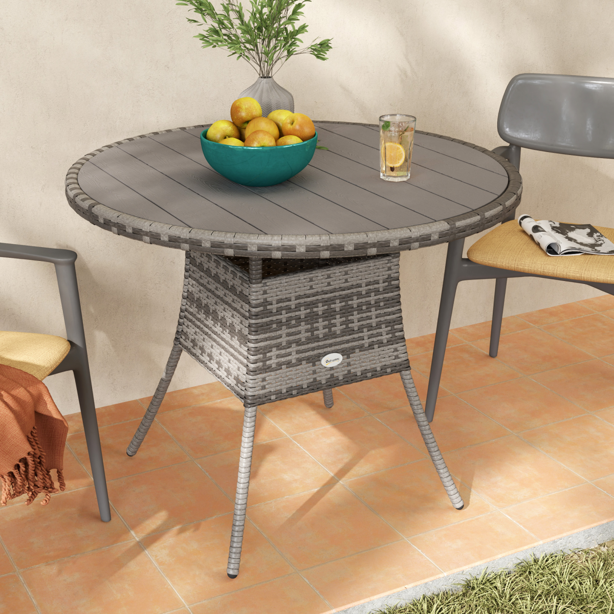 Outsunny Grey PE Rattan Outdoor Dining Table with Wood-Plastic Top