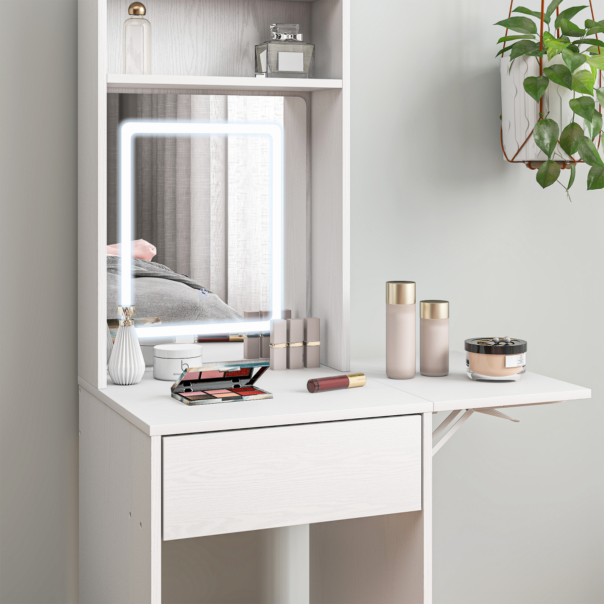HOMCOM Compact Dressing Table with LED Mirror, Shelves and Drawer, White