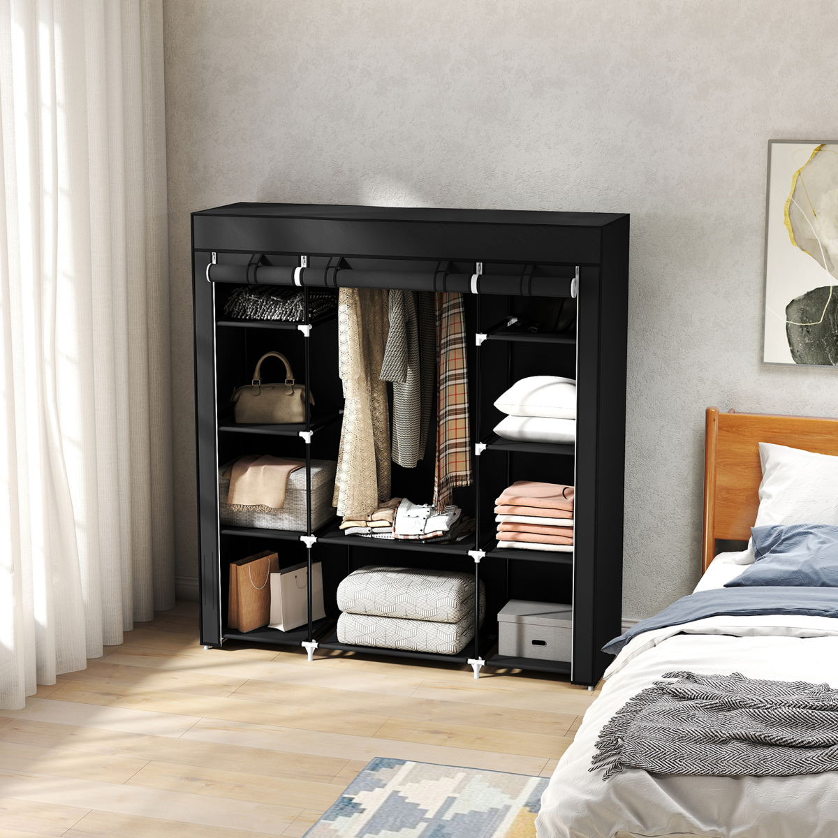 Portable Fabric Wardrobe with 10 Shelves and Hanging Rail, Black