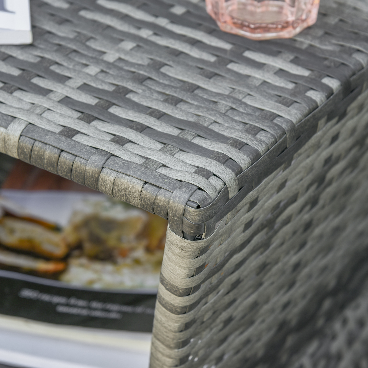 Outsunny Grey Rattan Coffee Table with Umbrella Hole & Storage Shelf
