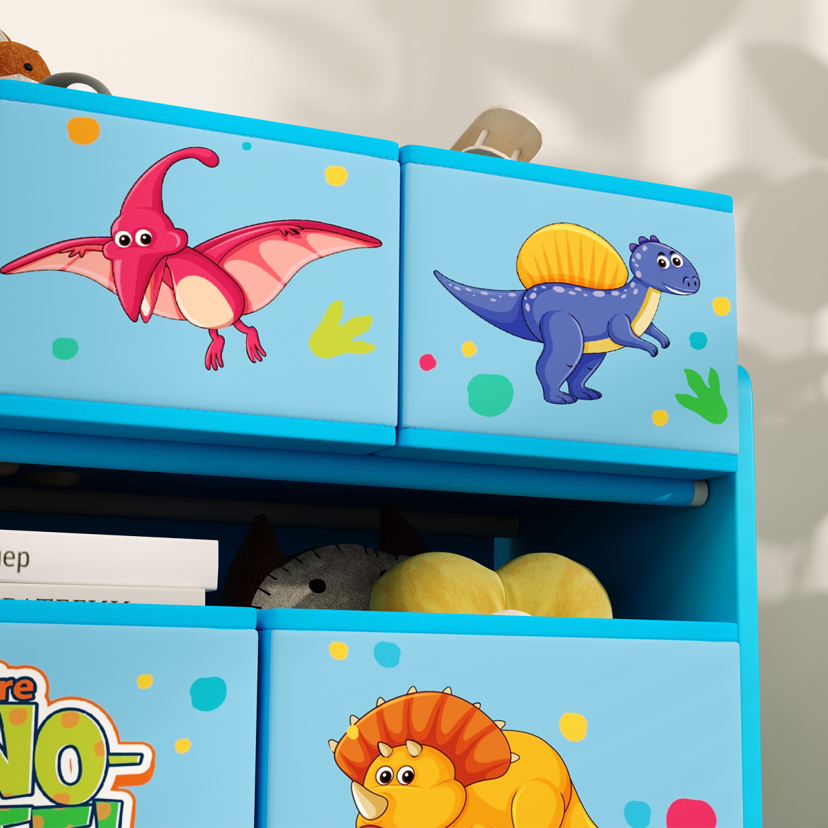 AIYAPLAY 3-Tier Dinosaur Toy Organiser Shelf with 9 Storage Boxes, Blue