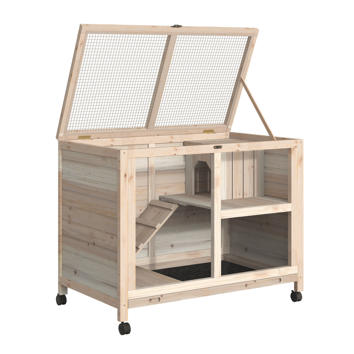 PawHut Indoor Rabbit Hutch for Rabbits, Guinea Pigs and Large Rodents, 2-Tier Wooden Cage with Openable Roof, Large Entrance, Latch Door and Pull-Out Tray, Natural