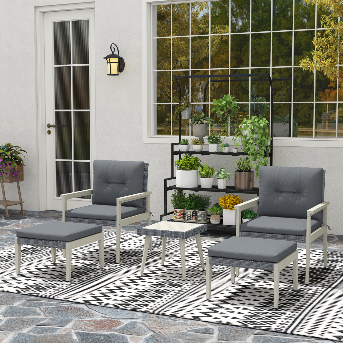 Outsunny 5-Piece Rattan Patio Set with Cushions & Acacia Wood Table
