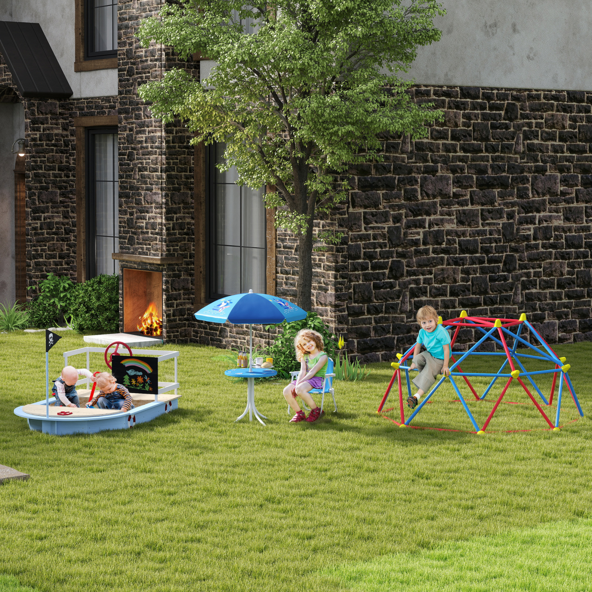 Kids Foldable 4-Piece Garden Set with Table, Chairs & Umbrella - Blue