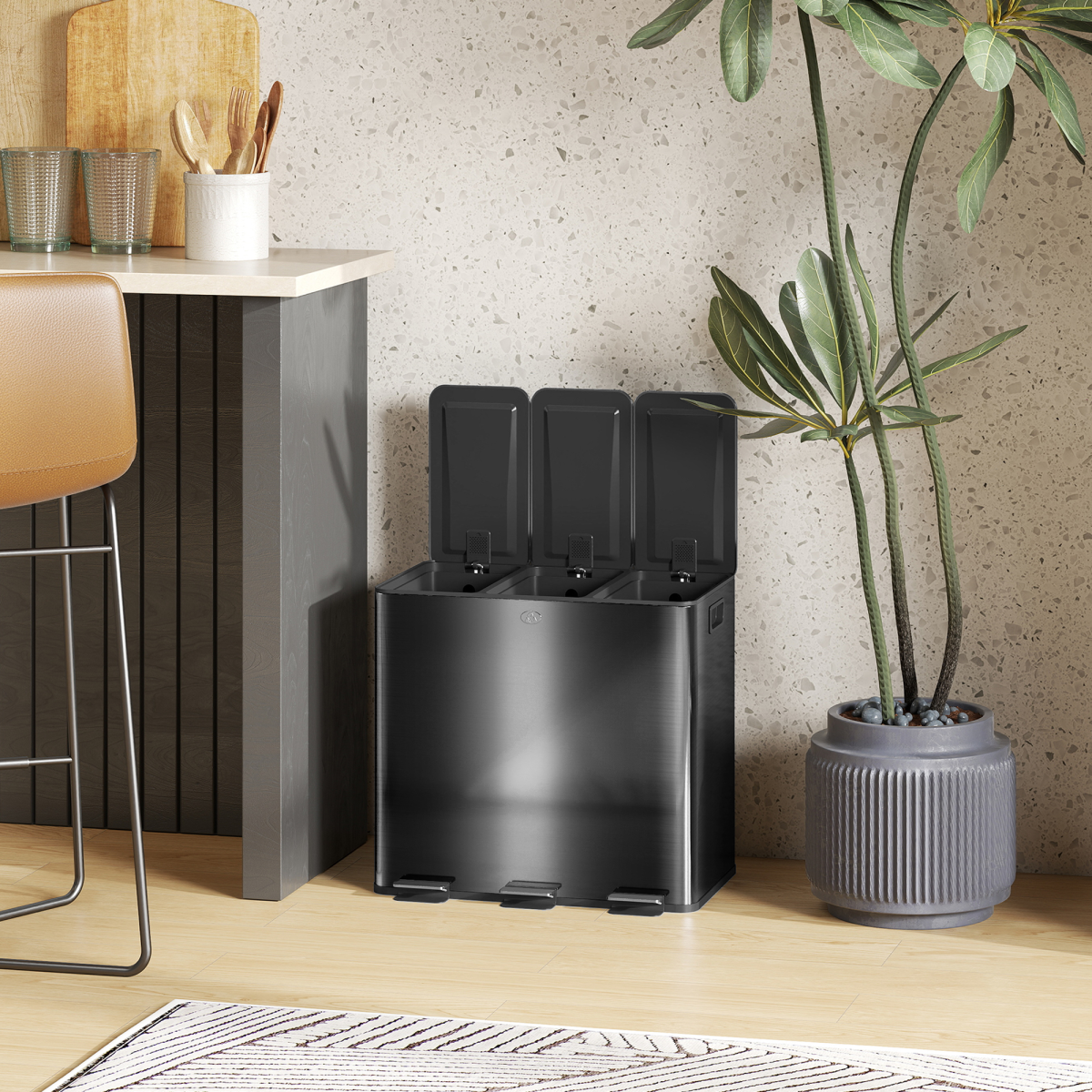 HOMCOM 3 x 15L Triple Kitchen Pedal Bin for Recycling & Waste, Black