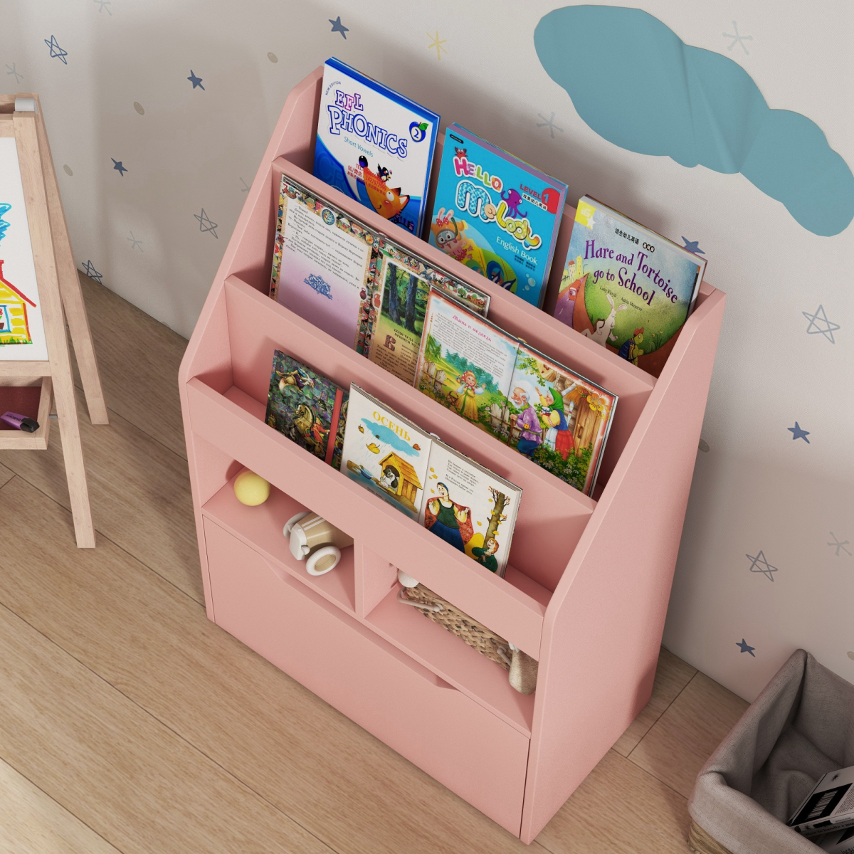 HOMCOM Kids Bookcase with Toy Storage, Drawer & Wheels, Pink