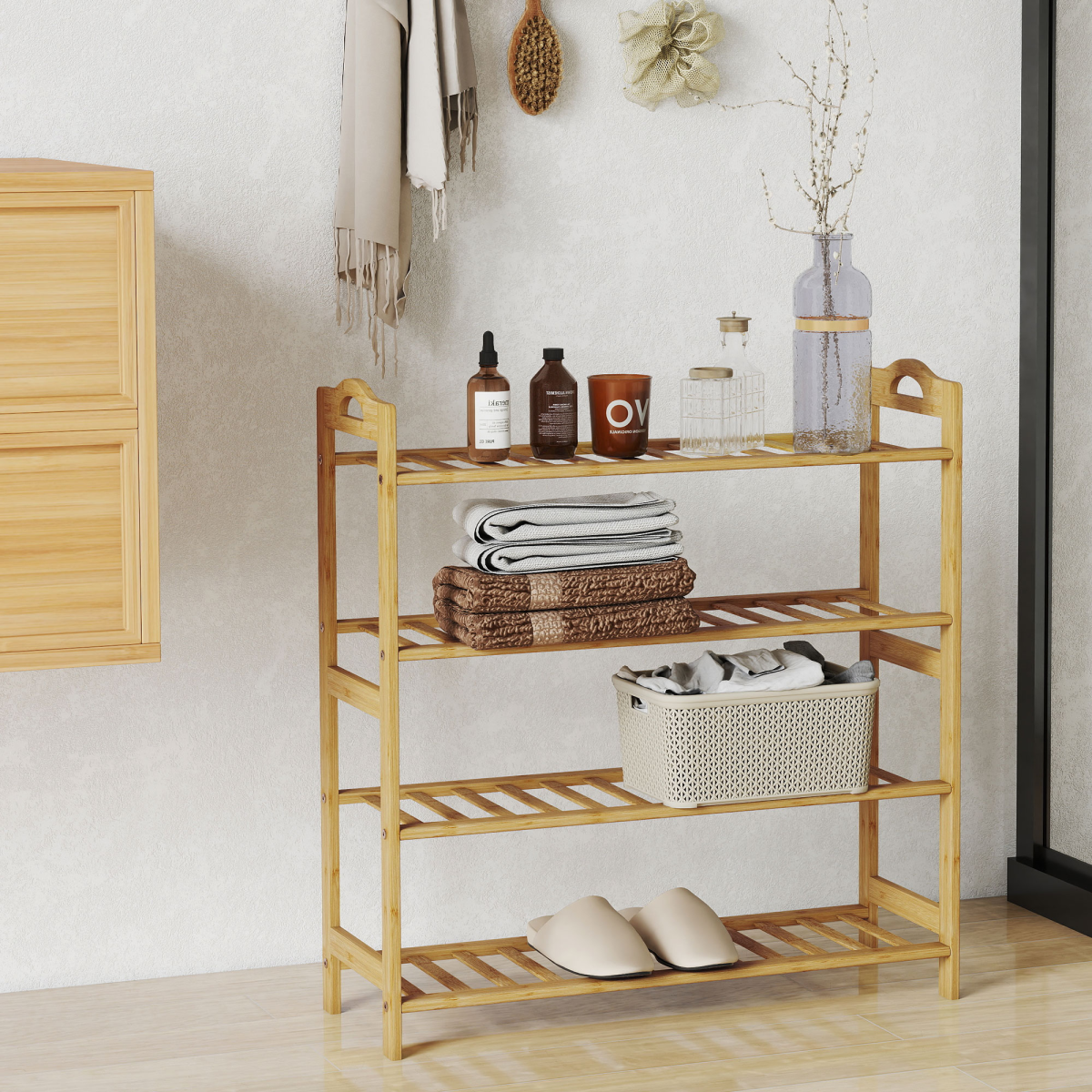 HOMCOM 4-Tier Bamboo Shoe Rack Shelf Stand, Natural Finish