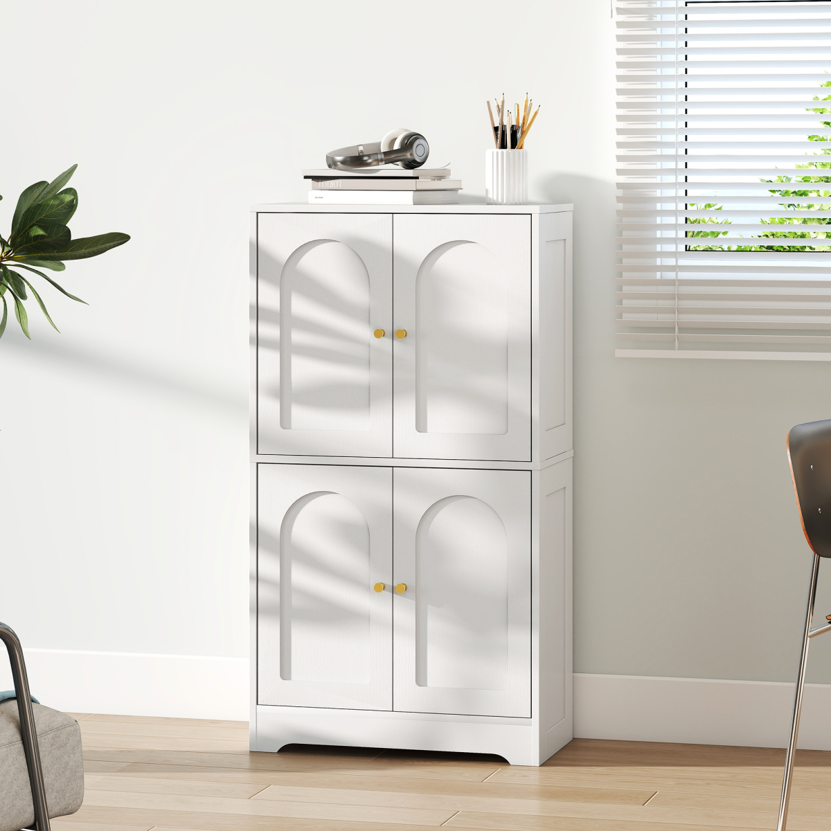 HOMCOM 110cm White Kitchen Cupboard with 4 Arched Doors and Adjustable Shelves