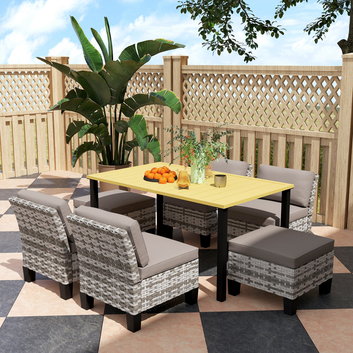Outsunny 7-Piece Grey Rattan Garden Dining Set, Cushions Included