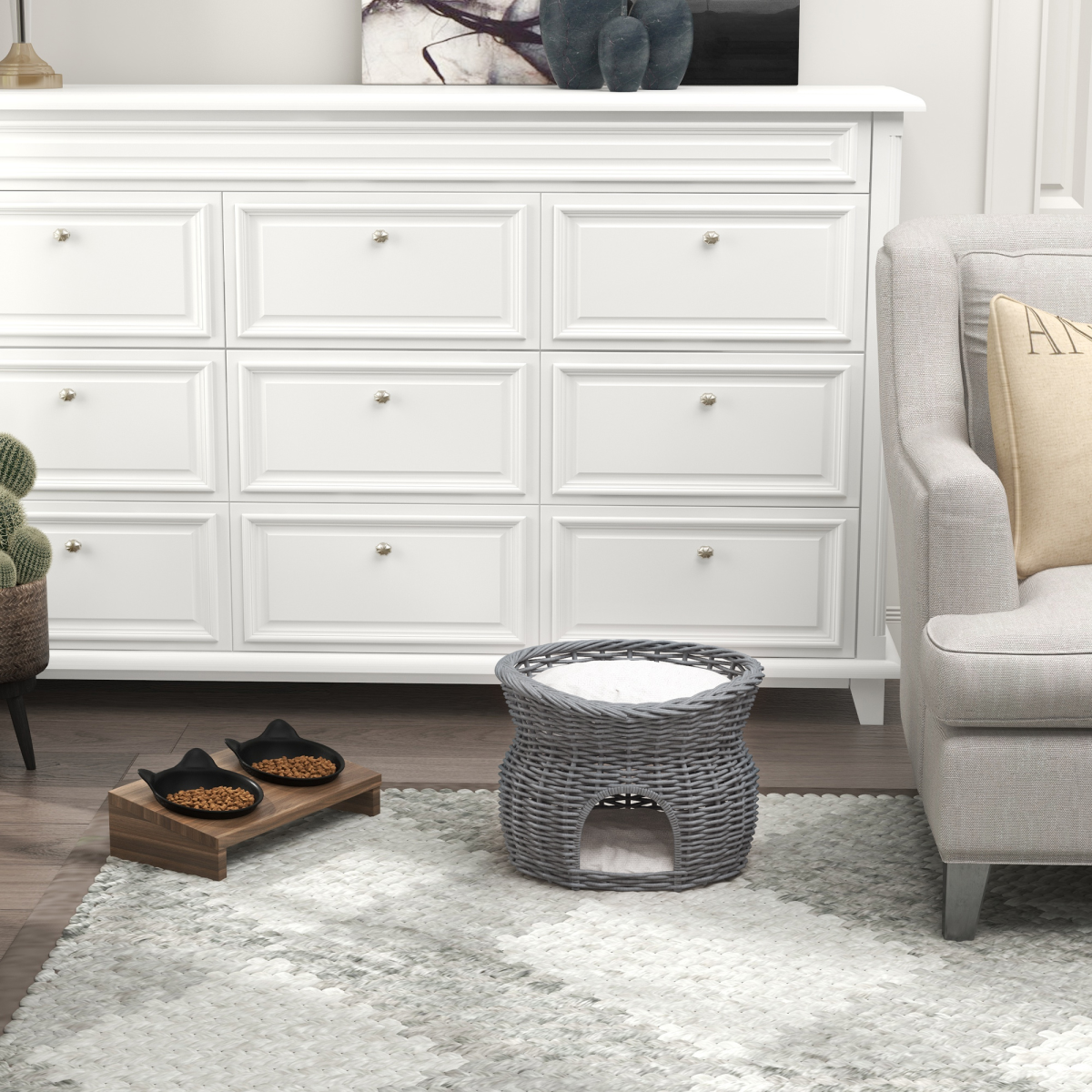 PawHut 2-Tier Elevated Willow Pet Cushion Bed with Washable Cushions, Grey