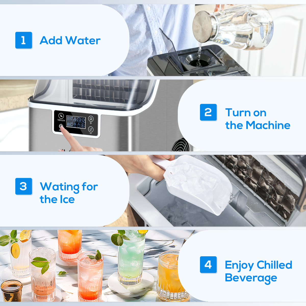 Counter Top Ice Maker Machine, Makes 20kg Ice in 24 Hours, 24 Cubes Every 18 Minutes, LCD Display, Automatic Cleaning, Adjustable Cube Size, 3.2L Capacity, Unbranded