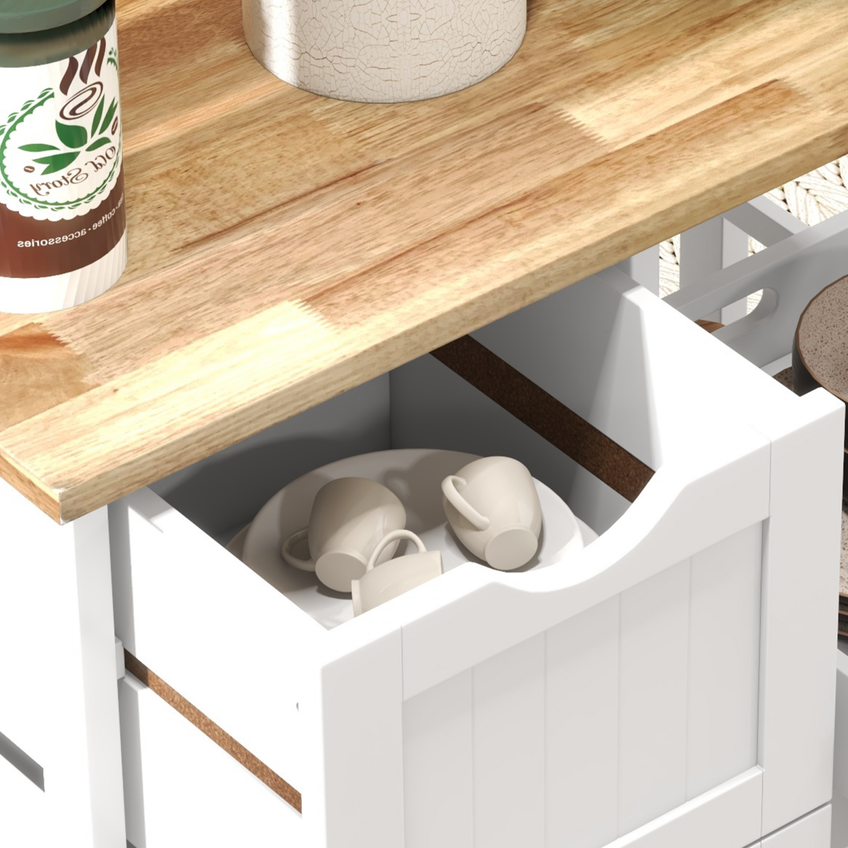 HOMCOM White Rolling Kitchen Island Cart with 3 Drawers & Tray